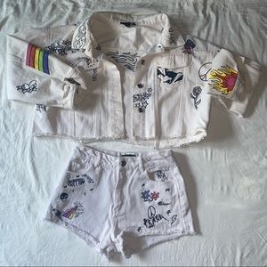 Current Mood x Dolls Kill white denim jacket and shorts